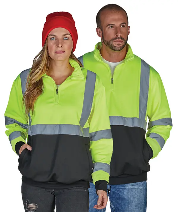 Charles River Apparel Unisex ANSI Class 3 High Visibility Sweatshirt, Quarter-Zip Color Block Polyester Fleece Pullover with Reflectors for Work, Enhances Visibility and Ensures an Accurate Fit, Mock Neck Sweatshirt, Fits All, Long Sleeve, Rib, Fitted