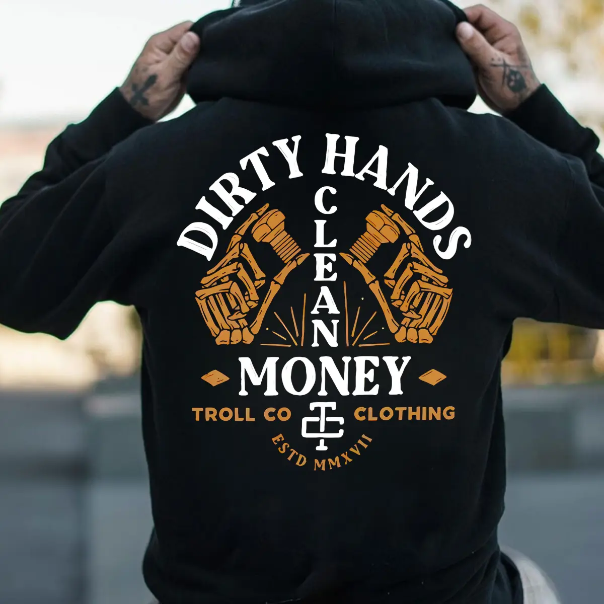 Troll Co Garage "Dirty Hands Make Clean Money" T-shirt, Sweatshirt & Hoodie |   Mechanic Unisex Shirt |   Back Side Printed Workwear Streetwear |   Men's Hoodie for Car Enthusiasts |   Custom Garage Apparel Black Casual
