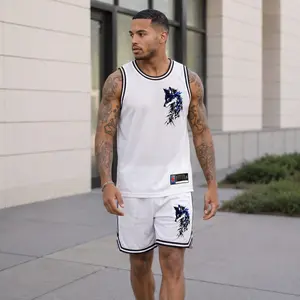 Men's Wolf-Patterned Athletic Set: 2-Piece Mesh Basketball Jersey & Shorts Combo — Lightweight, Breathable Sportswear