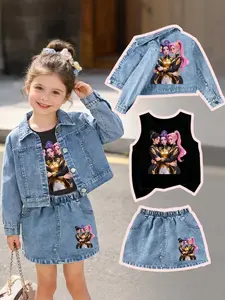 Role-Playing Set: Denim Jacket + Jean Mini Skirt + Sleeveless Vest, Matching Clothing Set, Trendy Girl Group Style, Slim Fit, All Seasons, Perfect Gift