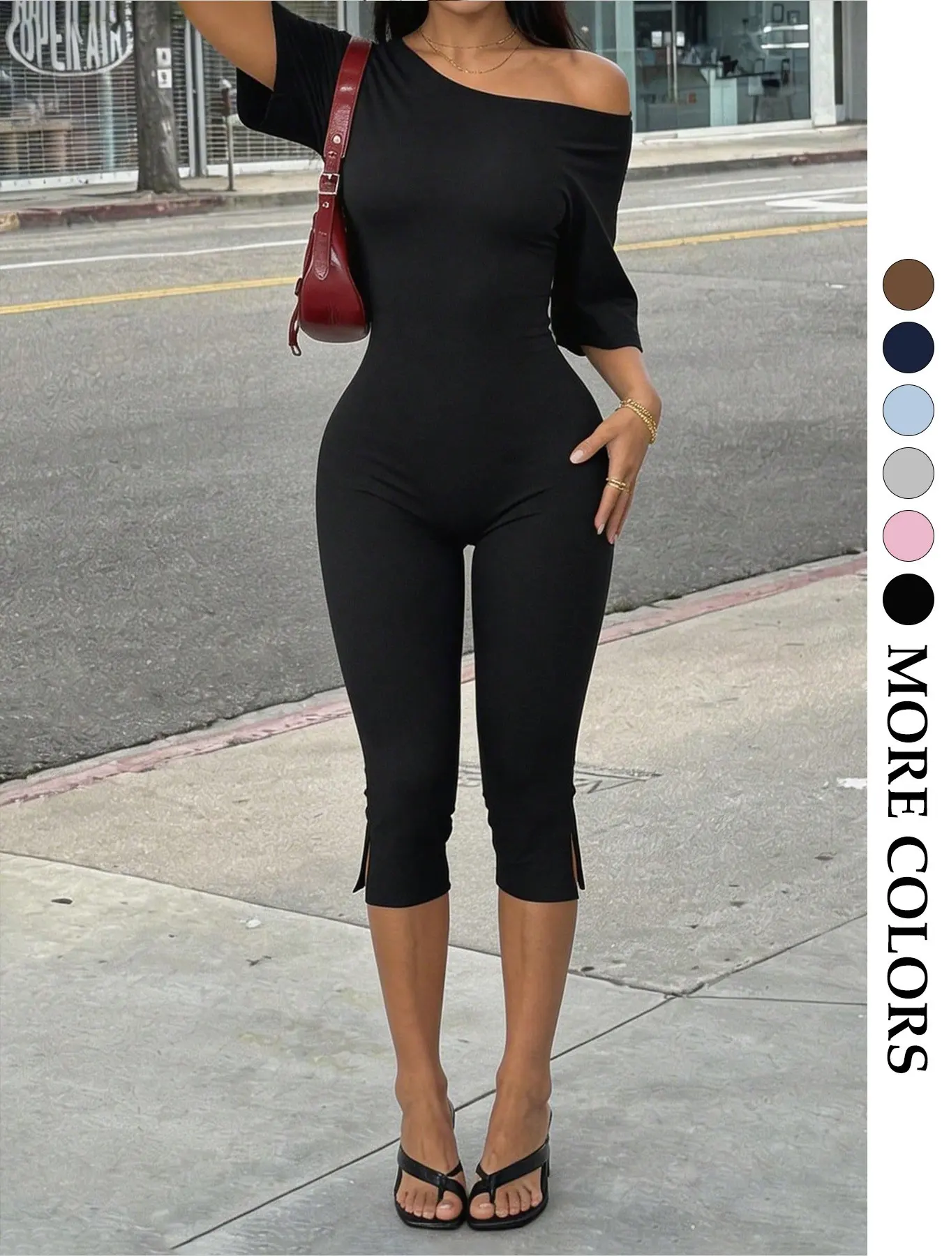 Women's Asymmetrical Back Short Sleeve Solid Color Jumpsuit, High Stretch Slim Fit Split Leg, Streetwear Casual Fashion Jumpsuit for Spring & Fall, Pant Rompers, Womenswear