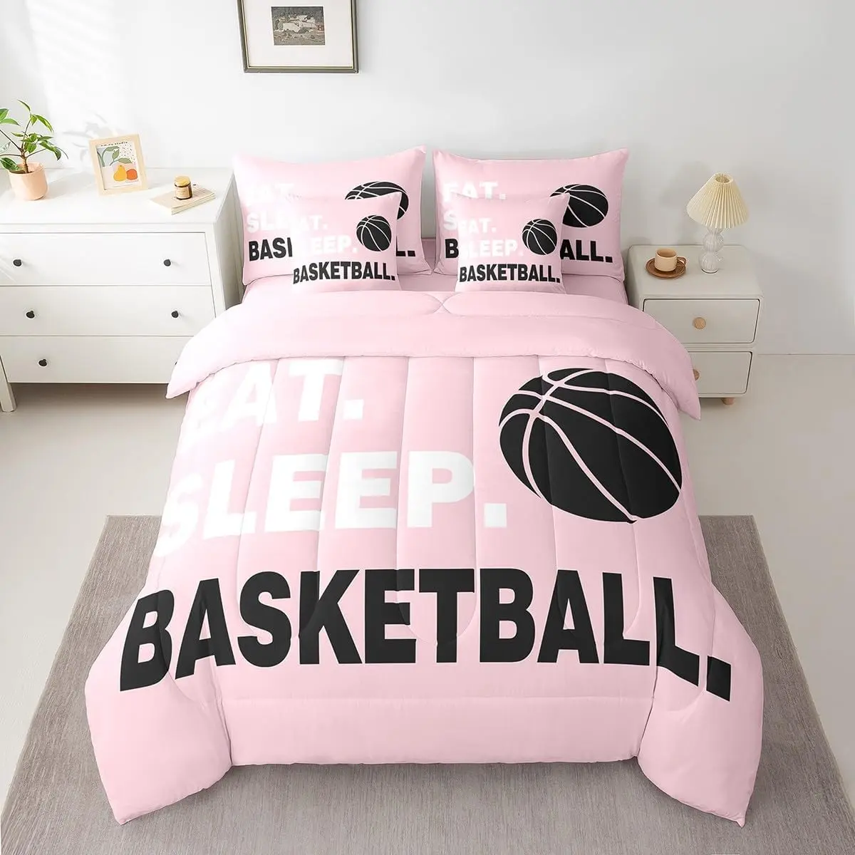Feelyou Pink Basketball 7-Piece Microfiber Bedding Quilt Set - Bed-in-a-Bag with Fitted Sheet, Soft Blanket, Ball Graphics, Breathable High-Tenacity Microfiber Cloth, Gaming Sports Theme for Teens, Multi-Size Gift for Basketball Lovers