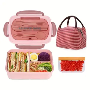 A 3-piece lunch box set, including a lunch box, knife, fork, chopsticks, insulation bag, snack bag, and rice spoon. With a large capacity of 1200 ml , microwave safe, heat-insulating,suitable for office, school, festival activities, and daily use