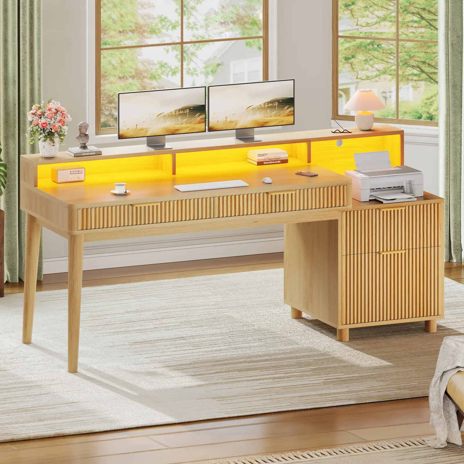 Sedeta 59-Inch Adjustable Ergonomic Large Office Desk - Fluted Wood Finish, 4-Drawer, Built-In Storage & Outlets, LED Lights, Power Strip, Gaming Computer Desk, Writing Table, Built-In Outlets Desks, Large Desks