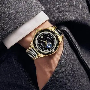 Diella Automatic Watches for Men, Luxury Black Jade Men's Dress Wrist Watch, Self Winding Mechanical Gold Stainless Steel Case Watch with Date, Luminous Starry Sky Globe (Model: AD6058G)