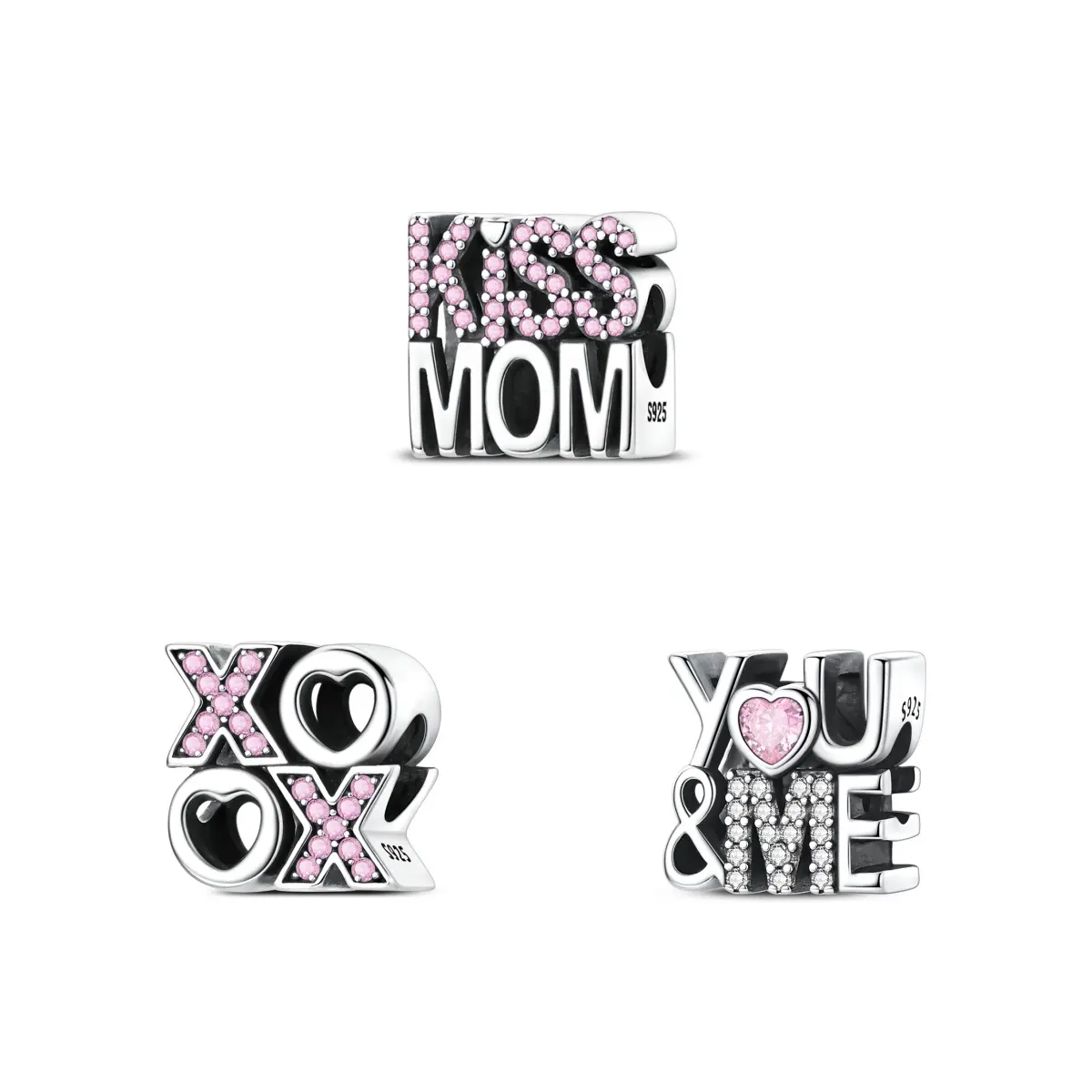 MULA 925 Silver-Plated Personalized Love Message Charm, Romantic Openwork Block Letter Slip-On Bead with Pink Zircon, Pandora Compatible Valentine's Day Xoxo Gift for Girls, Girl, Valentines Day, Personalized Jewelry, Charms & Pendants