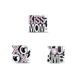 MULA 925 Silver-plated Love Message Pendant – Pink Zircon “XOXO” / “You and Me” / “Kiss Mom” Letter Beads, compatible with Pandora bracelets, is the perfect gift for girls and women.