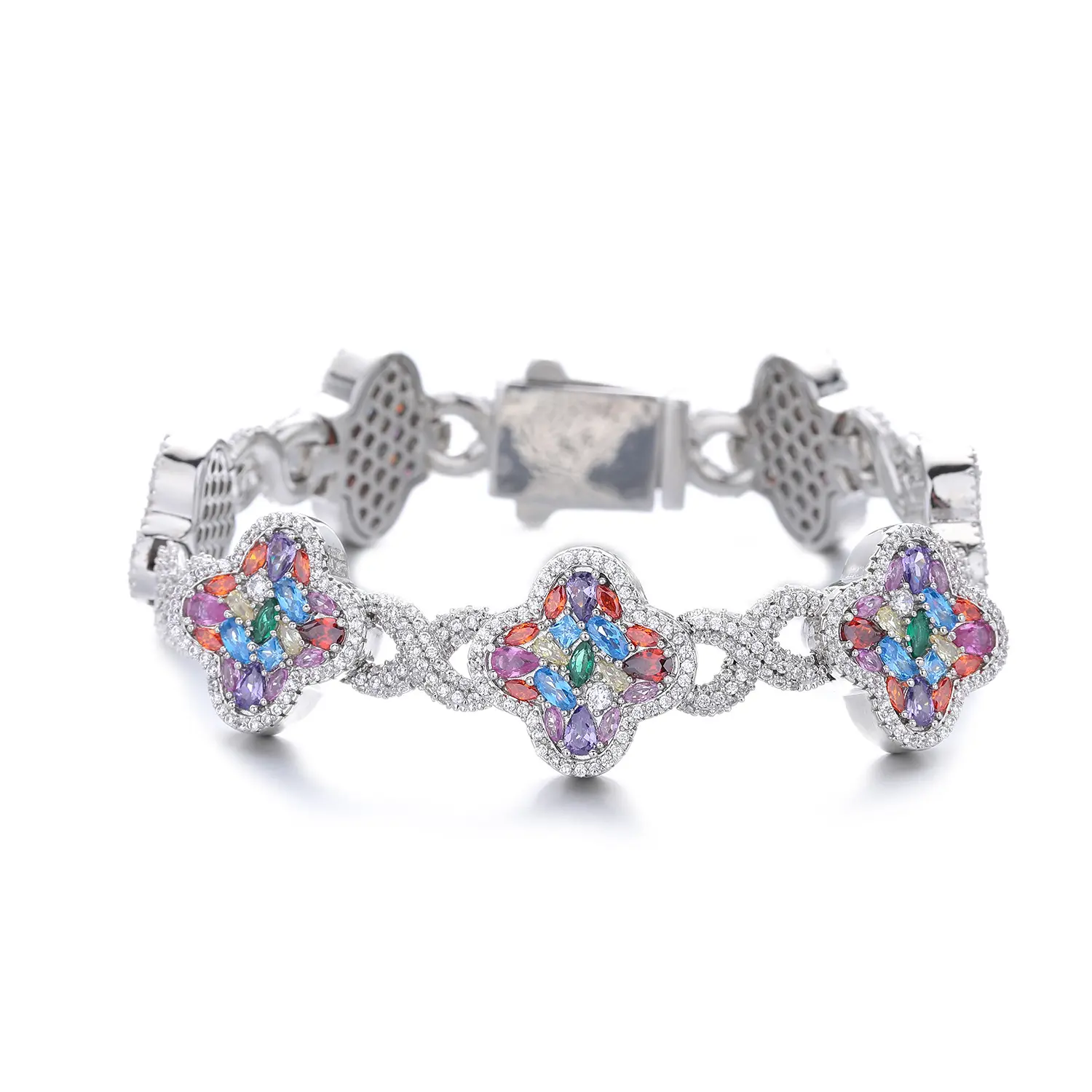 Loveden Women's Gold-Plated 4-Clover Leaf Floral Charm Bracelet, Dainty Pave Rainbow Cubic Zirconia Jewelry for Women, Stackable Bracelet Stacks & Clover Stone Gold Bangles Gift for Daily Wear, Party