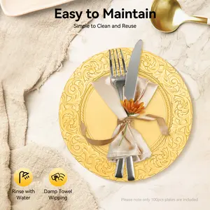 100 Pcs Gold/Sliver/Green/Black Charger Plates Set 13 Inch Round Plastic Serving Trays Reusable for Wedding Banquet Party Decorations