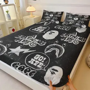 Vintage Distressed BAPE Fitted Sheet, Include One Bedspread and Two Pillowcase, Grunge Graffiti Print Bedding, Elasticated Deep Pocket for Secure Fit, Breathable & Wrinkle-Resistant Fabric, Machine Washable, Perfect for Modern Urban Home Decor