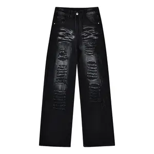 Black High-Cotton Jeans | Heavy Distressed Wide-Leg Denim