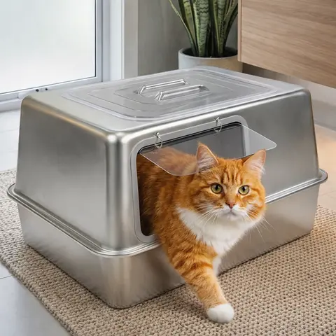Premium Enclosed Stainless Steel Litter Box - Rust-Proof Steel Lid, Side Entry, Non-Stick, Bite-Proof, Easy Clean, Extra Spacious for Big Cats, Modern Decor Fit, Organic Fiber Odor Control, Cleaner Floors, Clay/Bentonite/Saponite Compatible, Pink Option