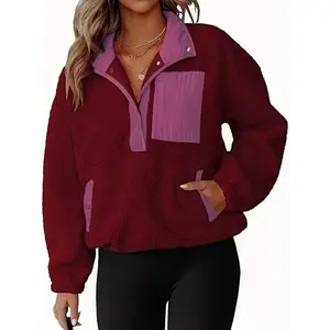 Women's Colorblock Polar Fleece Jacket, Half-Zip Button Pullover Sweatshirt, Casual Winter Warm Sled Dog Coat, Fashionable Outerwear with Pockets