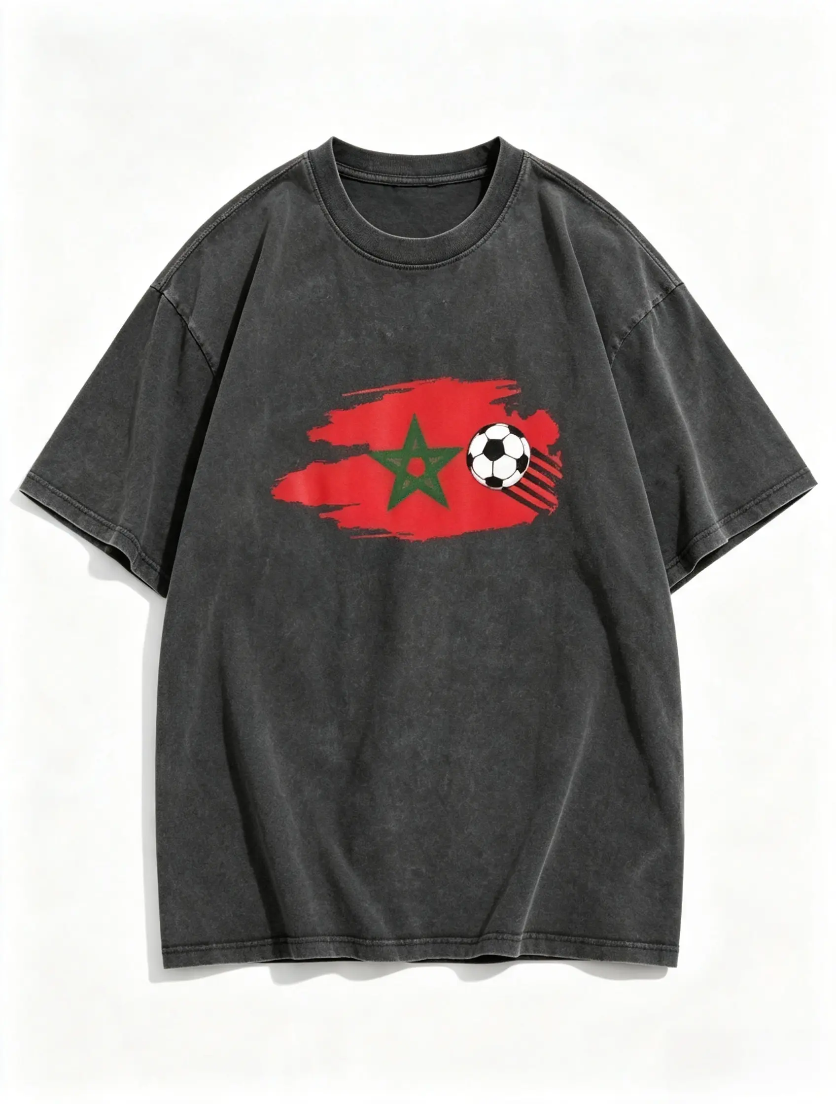 Men's Acid Washed Retro Oversized Short Sleeve Menswear T-Shirt - Morocco Flag Football Print, Casual Sports Streetwear Top