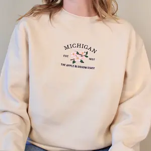 Michigan Apple Blossom Embroidered State Flower Sweatshirt for Women Oversized Fit Crewneck Sweater Comfortable Durable Casual Wear