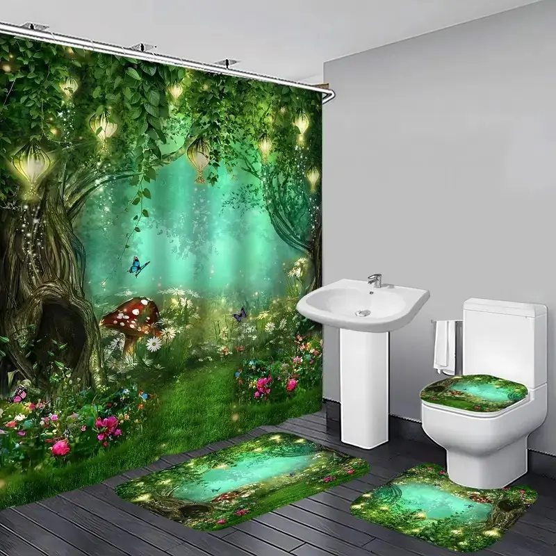 1/4pcs Forest Floral Tree Pattern Shower Curtain Set, includes non-slip mat, U-shaped rug, and toilet seat cover, bathroom decoration accessories, partitioning, and beautifying the space, comes with 12 shower curtain hooks, Bathroom Supplies, Home