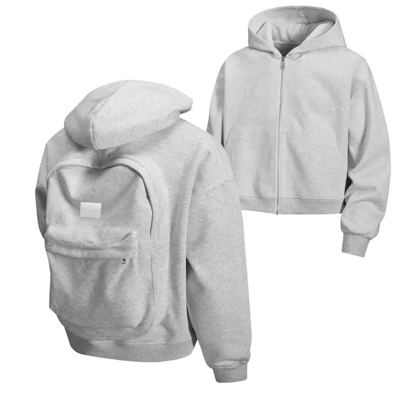 Men's Solid Color Multi-Functional Zip-Up Hoodie with Integrated Backpack Design, Kangaroo Pocket & Drawstring Details, Perfect for Back-to-School & Outdoor Travel