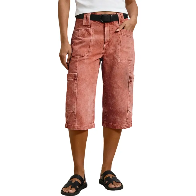 Flamingals Multi Patch Pocket Seam Detail Mid Rise Straight Leg Capri Pants Without Belt Womenswear Stretchy 15.4" Inseam