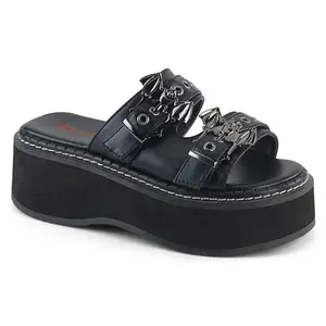 Demonia Emily-100 Wedge Sandals for Women - Black Vegan Leather Ornaments and Riveted Straps with Bat Buckles