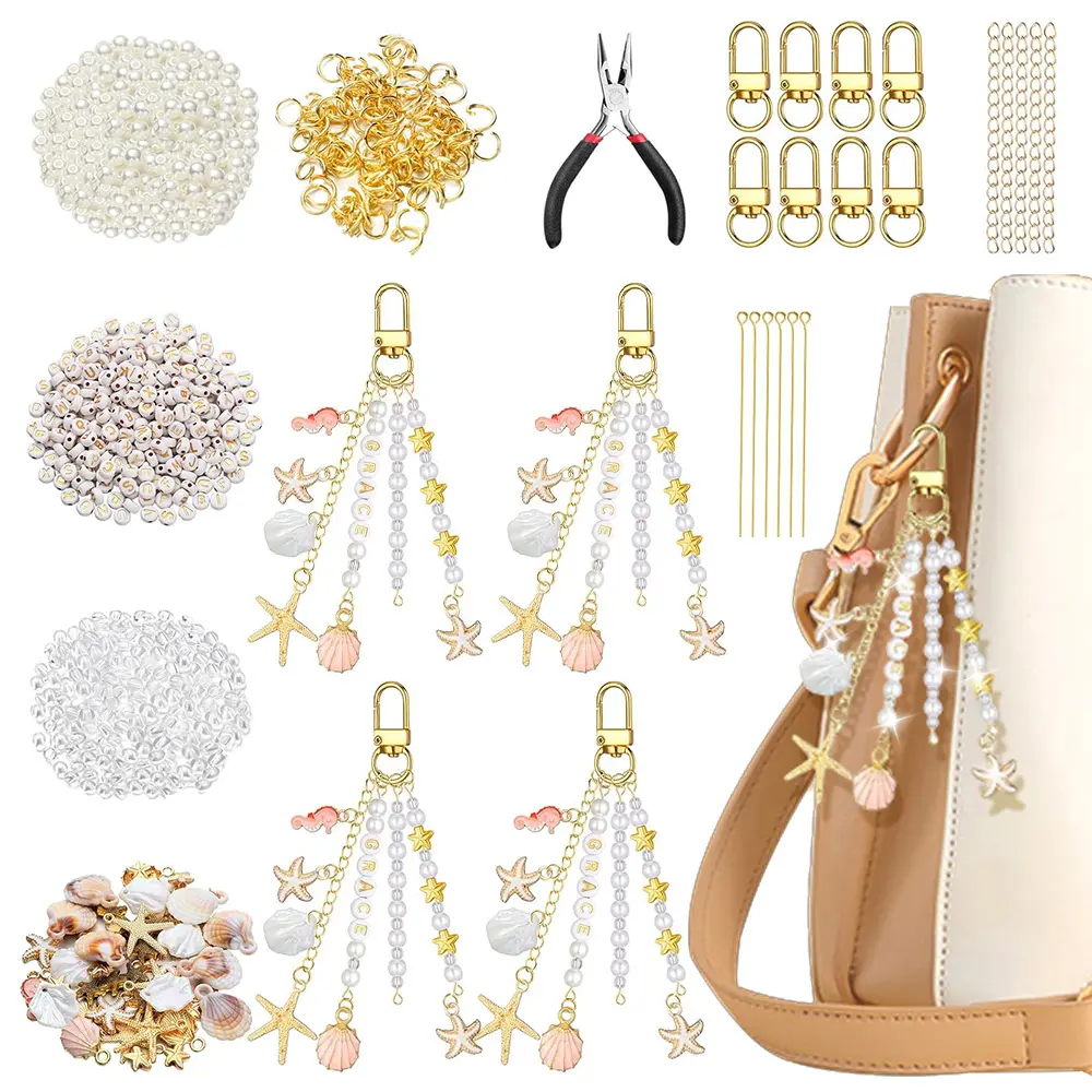 776Pcs Seashell Jewelry Making Keychain Kit with Cute Charms, Ocean DIY Beading Craft Set - 100 Split Rings, 100 White Pearls, 12 Lobster Clasps, 15 Chains, Letter Name Beads, Tools for Backpacks (Home Improvement)