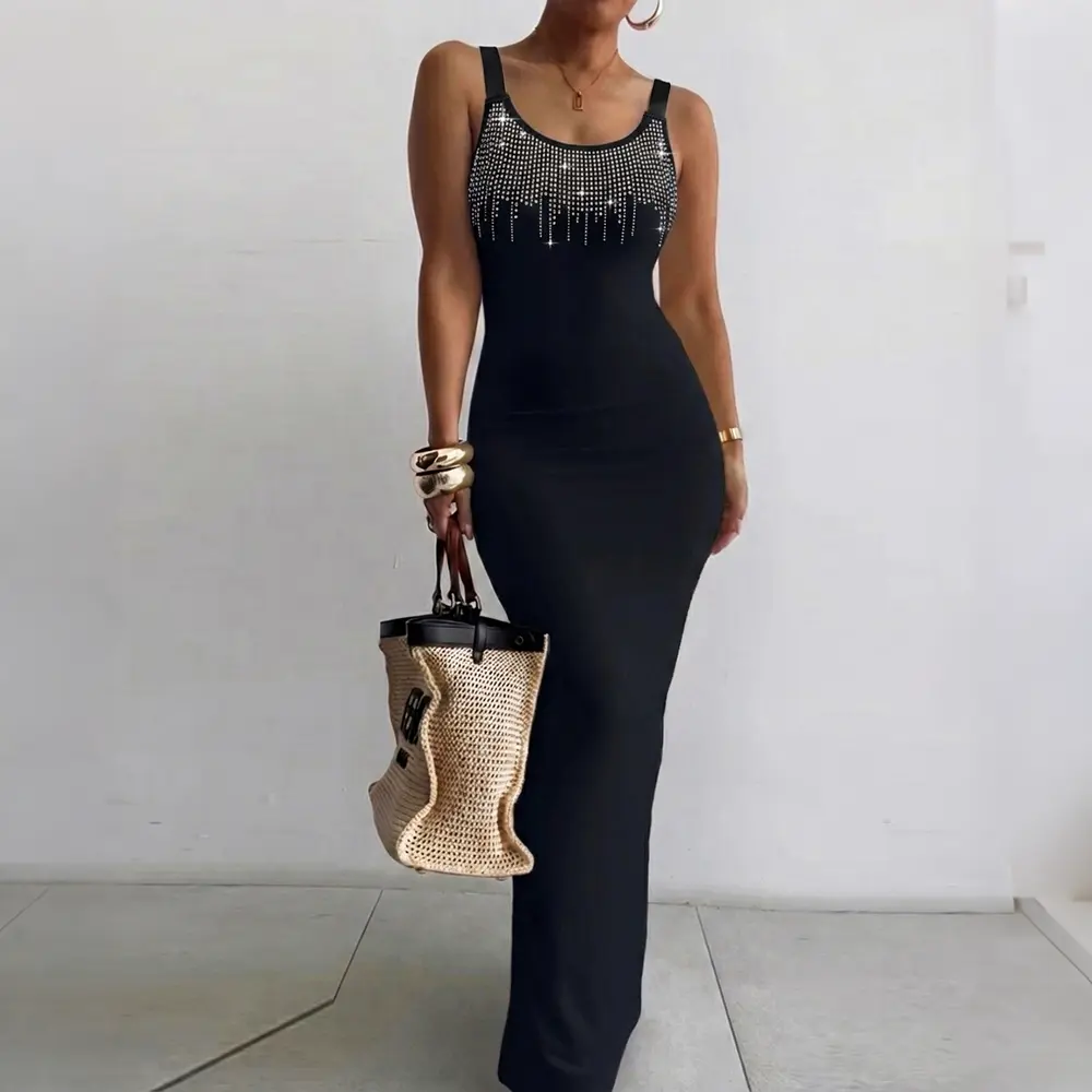 CHICME Women's Rhinestone U-Neck Maxi Dress Slim Fit Bodycon Sleeveless Long Knit Dress Elegant Evening Party Dress