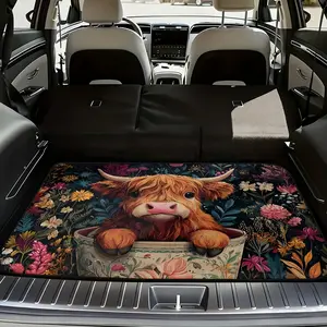 1pc Car Boot Cargo Mat with Highland Cow Floral Bowl graphic, universal trunk liner for SUV, sedan, or crossover, Car Floor Mats, great for family road trips, grocery runs, and creating a  look for your vehicle | Vehicle Cargo Floor Mat