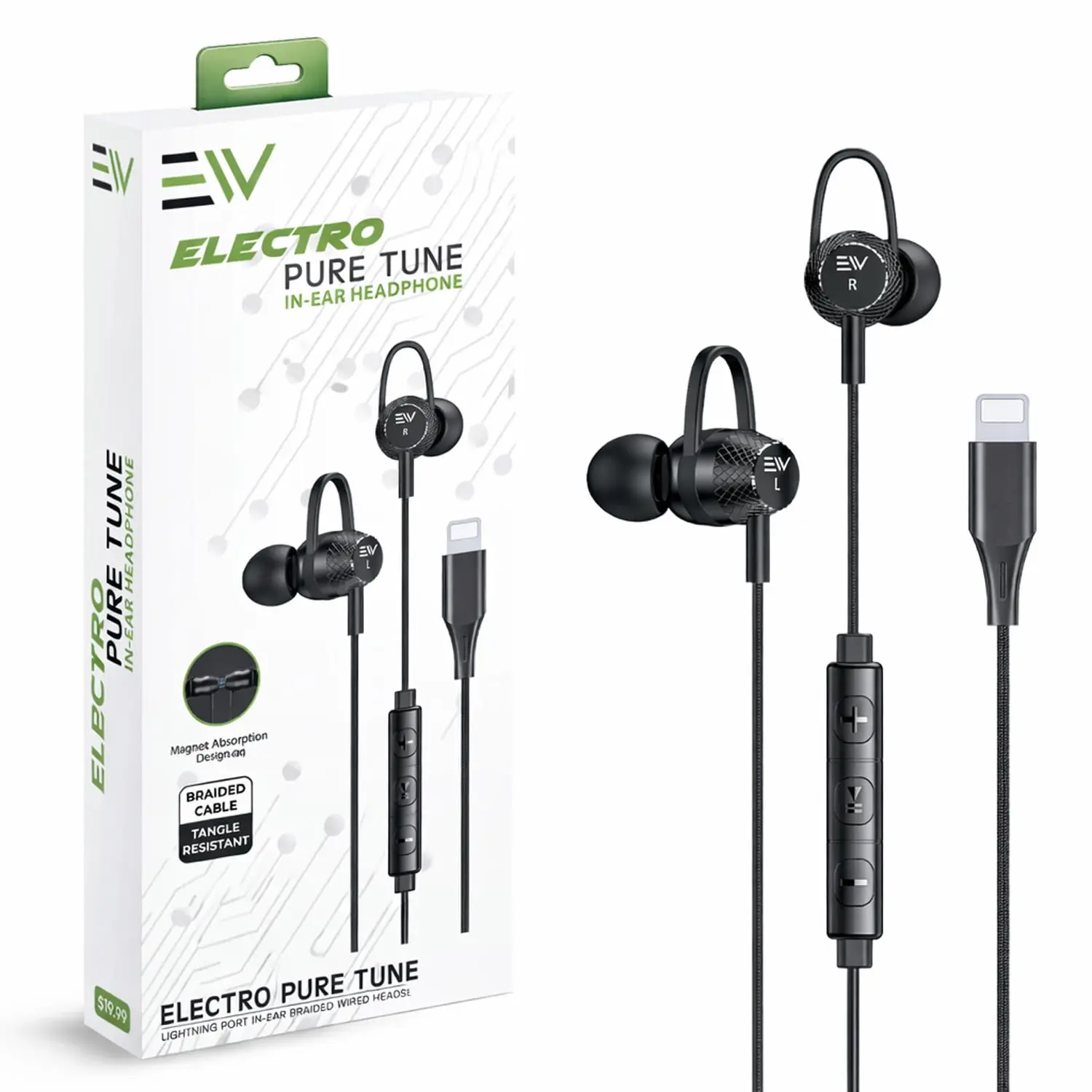 Electronic World Lightning Wired In-Ear Earbuds for iPhone - 10mm Drivers, Tangle-Free Durable Braided Cable, Noise Isolating Audio, Inline Mic & Volume Remote Control, Plug Connector, Gaming & Remote Work Use, Plug-and-Play, Black, Manufacturer Warranty
