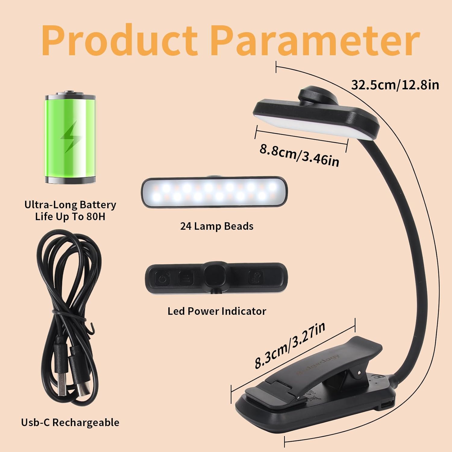 Rechargeable Book Light for Reading in Bed – 24 LED Clip-On Light with Memory Function, 3 Color Modes, Stepless Dimming & 80H Runtime, Eye-Caring for Book Lovers