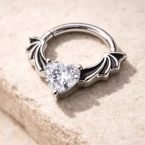 316L Stainless Steel Heart CZ Bat Clicker Ring