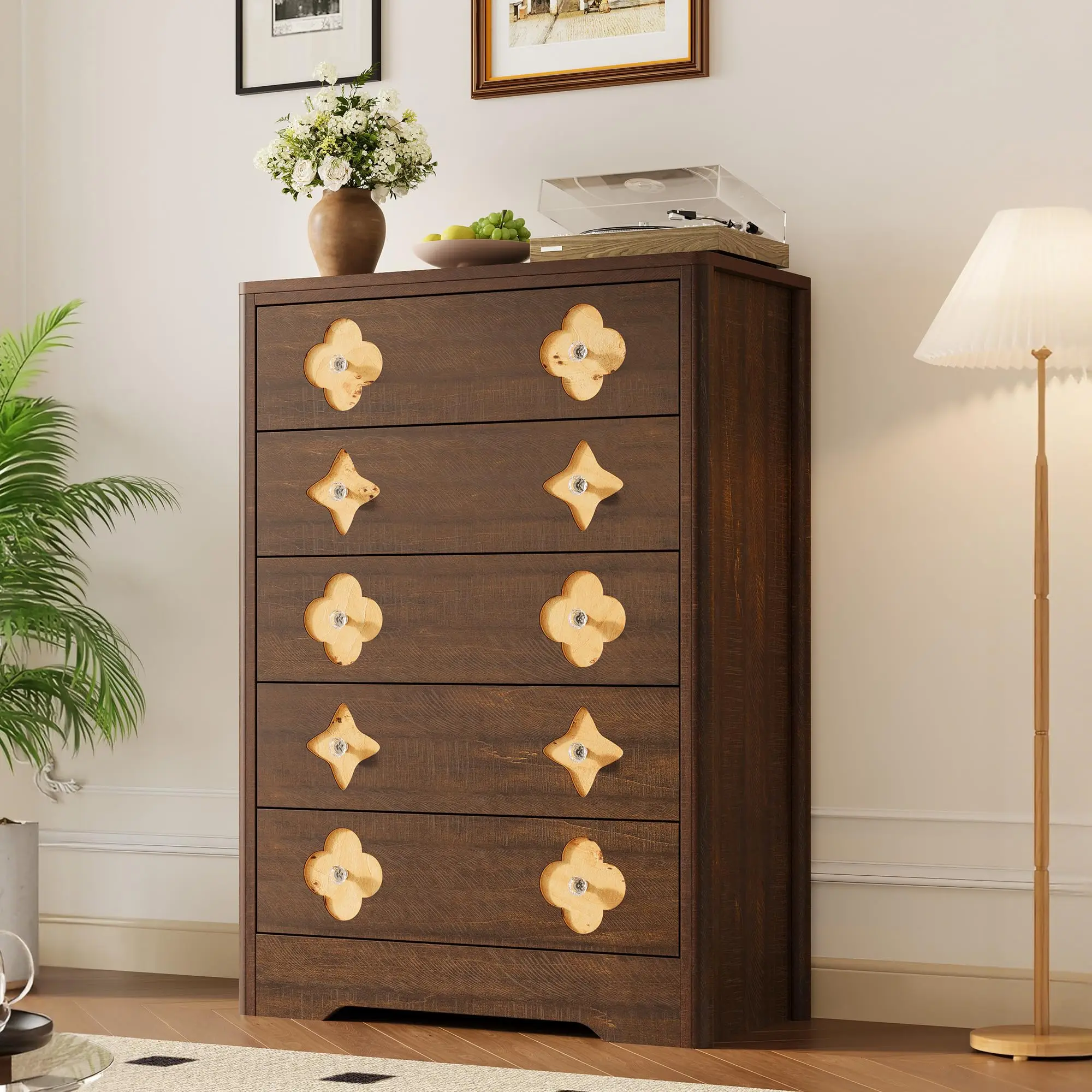 Garvee 5 Drawer Tall Dresser for Bedroom, 45'' Boho Chest of Drawers, Wooden Chest with Clothes Storage Cabinet, Decorative Drawer Front Organizer for Bedroom, Living Room, Hallway, Brown