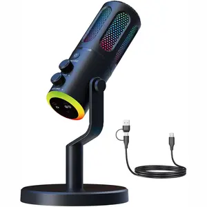 USB Gaming Microphone, Condenser Gaming Microphone for PC, Podcast Microphone with Mute, Gain, RGB Lighting Control, PC Computer Microphone for Game Streaming Studio