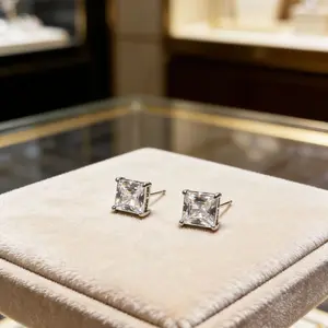 3 Pairs Square CZ Stud Earrings Set - Red Clear Mix Size Princess Cut Earrings for Women