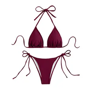 ZAFUL Women's Triangle Bikini Tie Side Tie Halter String Bikini Set Two Piece Swimwear