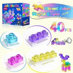 40 Pieces Jelly Soft Gel Blocks, Stretchable Stress Relief Fidget Building Toy, Decompression Squeeze, Sensory Touch Learning Blocks, Stem Creative Gift for Kids Aged 2+