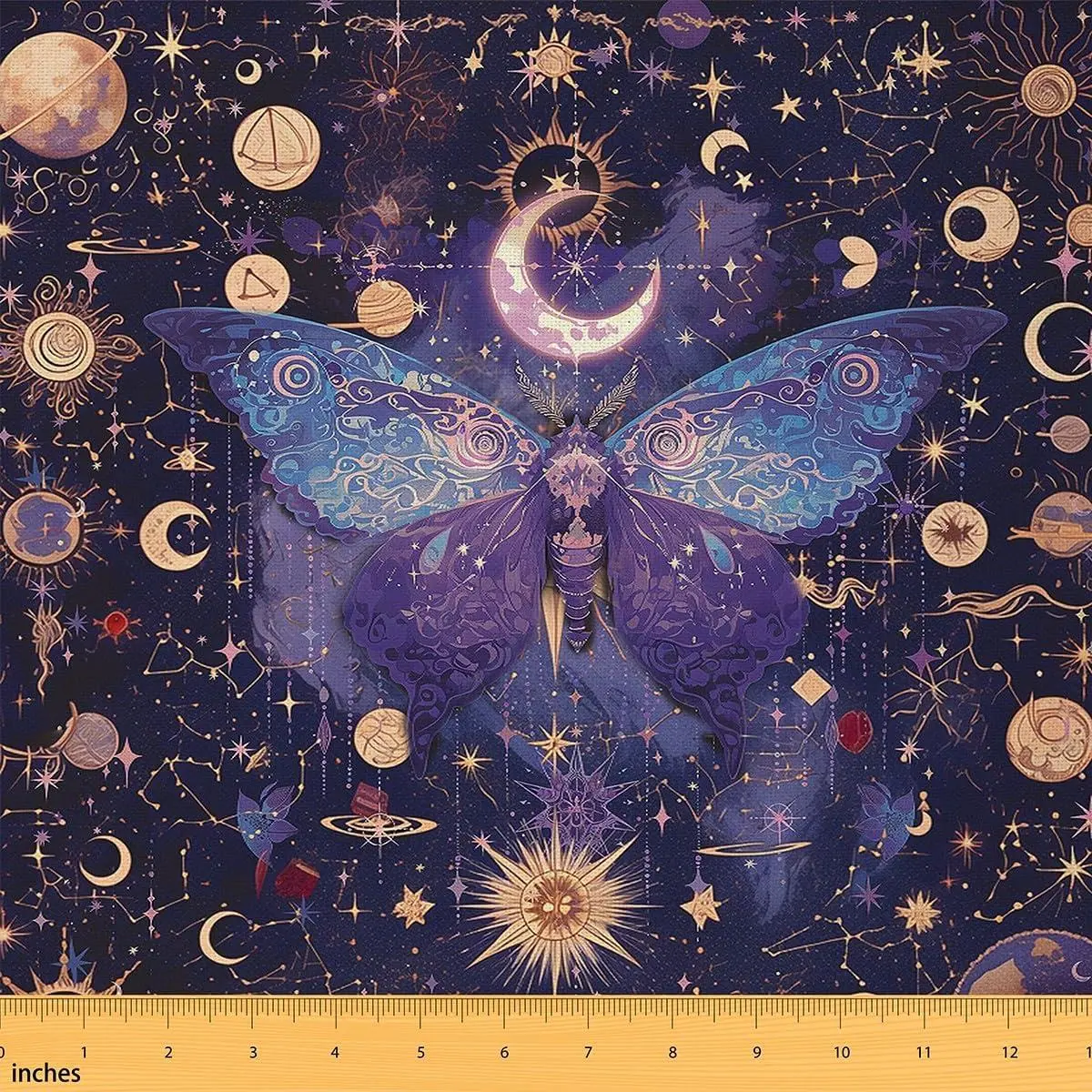 Sun and Moon Moth Fabric,Death Moth Upholstery Fabric,Bohemia Indoor Outdoor Fabric,Garden Butterfly Decorative Fabric,Yellow Purple