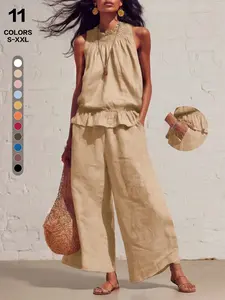 2026 European Style Linen Feel Sleeveless High Waist Wide Leg Pants Set, Summer Halter Neck Top + Straight Leg Long Pants Two Piece Womenswear