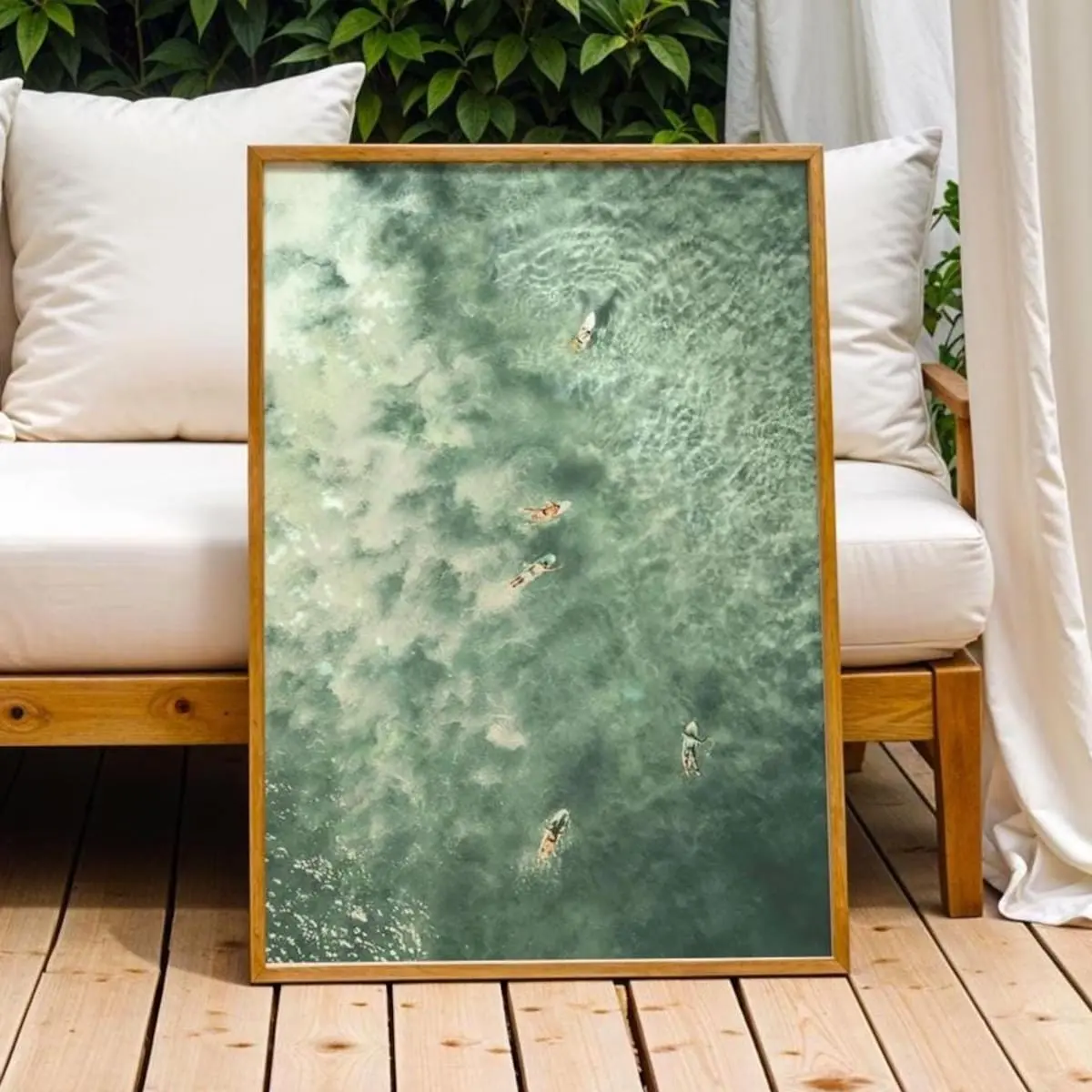Sage Green Surfers Wall Art | Retro Ocean Waves Poster | Surfboard Beach House Decor | Aerial Surf Photography Print | Coastal Swimming Artwork | Room Decor, Unframed | 5 Sizes (8x12–27x40 inch)