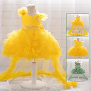 6M-3Y Avocado 1191 Anniversary Baby Girls Clothes Infant Bow Mesh Trailing Skirt Birthday Cocktail Dress Toddler Pageant Newborn Ball Gown Princess Baptism Frock