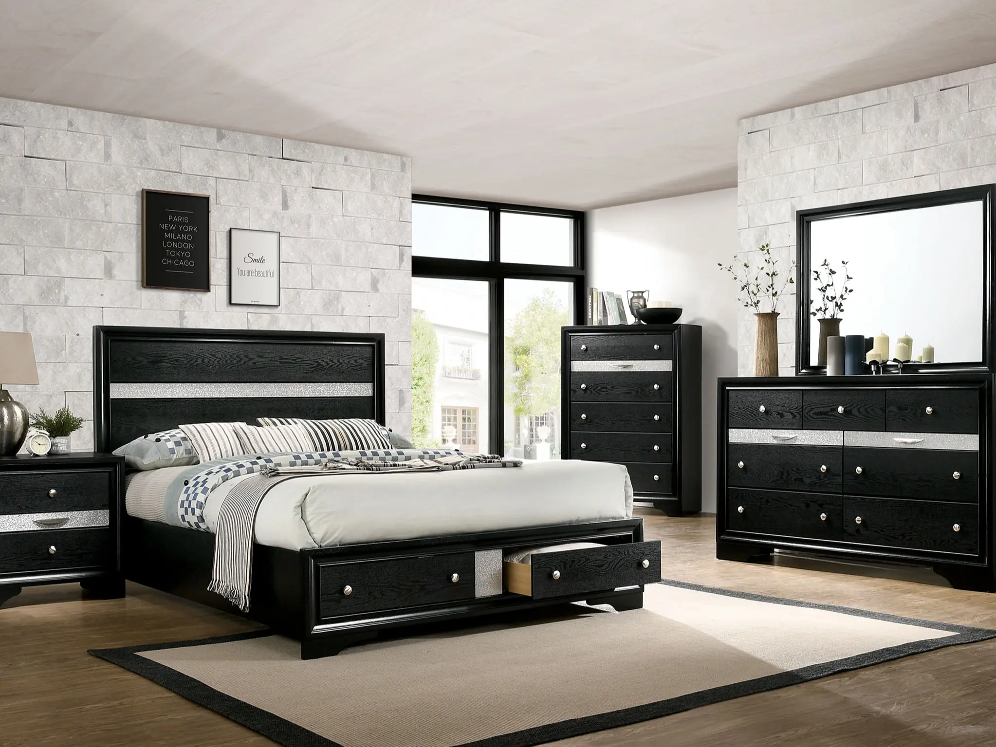 Chrissy Modern 4-Piece Bedroom Set - Storage Bed, Dresser, Nightstands Set with Drawers, Glittering Accents, Black/Grey/White Finish for Contemporary Elegance