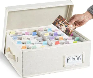 Photo Storage Box with Lid & Dividers, Linen Photo Organizer for up to 1000 4x6 Pictures, Keepsake Memory Box with Side Handle for Family, Wedding & Baby Photos, Cards, Scrapbook