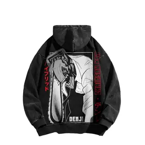 Chainsaw Man anime/cartoon style washed hooded sweatshirt, double-sided washed pure cotton, unisex street style, 90’s retro pattern, soft distressed finish, a must-have for holidays.