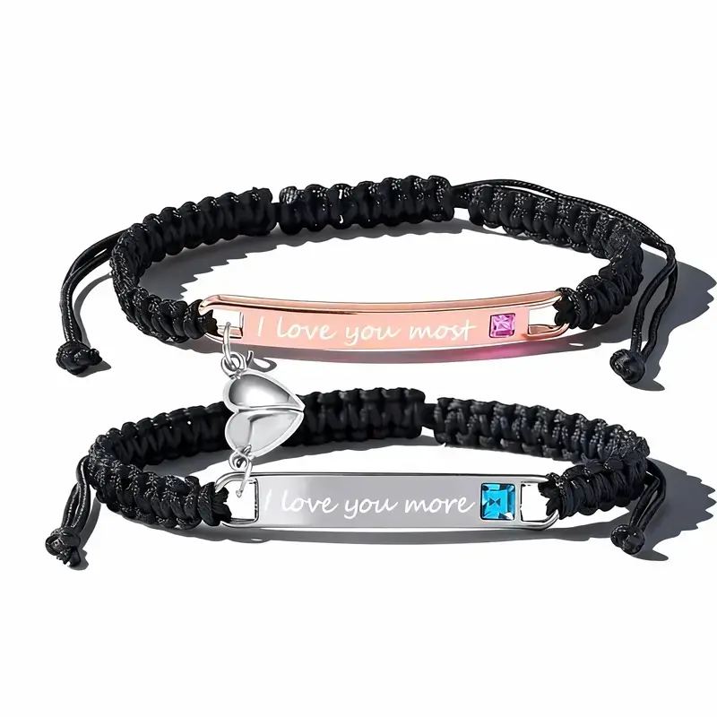 Handmade Couple Bracelet Set with Adjustable Braided Rope and Stainless Steel Engraved Heart Charm, Matching Jewelry Gift for Everyday Wear, Engraved Charm, Handmade Chain, Heart Motif, Dimensions, 6.5*7 Cm, Unisex Fit, Anniversary