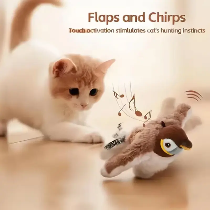 Flapping cat toy Simulated Bird Pet Toy Interactive Toys Dog Rechargeable Chirping Flapping Bird Touch Activated Plush Toy Pet Plush toy Emulates the Sound Bird to Amuse the Cat Elastic Rope to Relieve Boredom and Resist Scratching and Biting