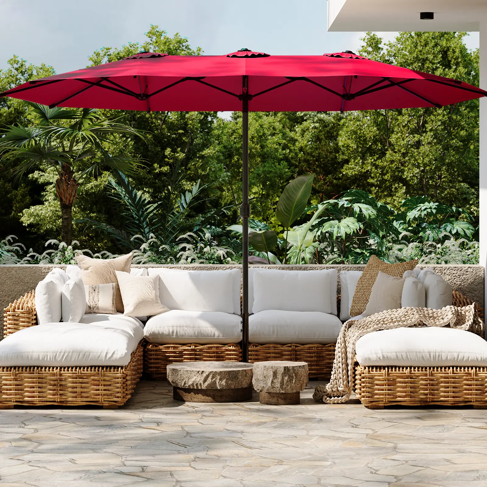 AECOJOY [No Base] 4.5m Garden Umbrella Double-Sided Patio Beach Umbrella with Crank Air Vents,12-Rib Rust-Free Powder Coated Steel,Waterproof &Anti-UV Outdoor Modern Design Aesthetic Lounge