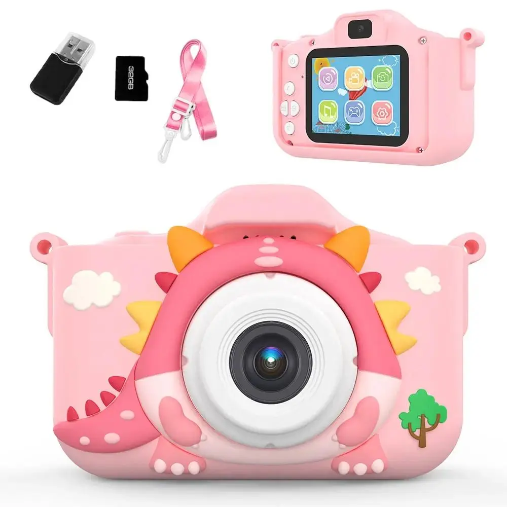 Dinosaur Digital Camera Cute Cartoon Design Camera Portable Camera Toy Video Recording Pocket Camera with 32GB Memory Card Rechargeable Camera with 5 Puzzle Games for Boys Girls, Birthday Halloween Christmas New Year Gift