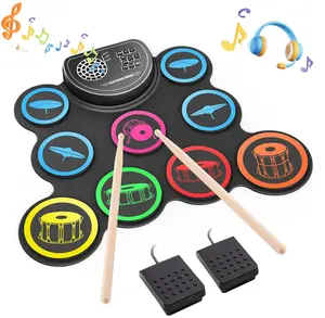 Electronic Drum Set, 9-Drum Practice Pad with Headphone Jack, Roll-up Drum Kit Machine with Built-in Speaker Drum Pedals and Sticks 10 Hours Playtime, Great Christmas for Kids