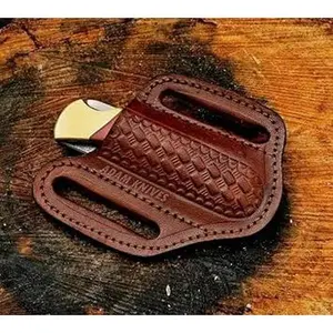 Leather Pocket Knife Sheath For Belt, Slanted Tooled Sheath, Beautiful Folding Trapper Knife Cover 100% Real