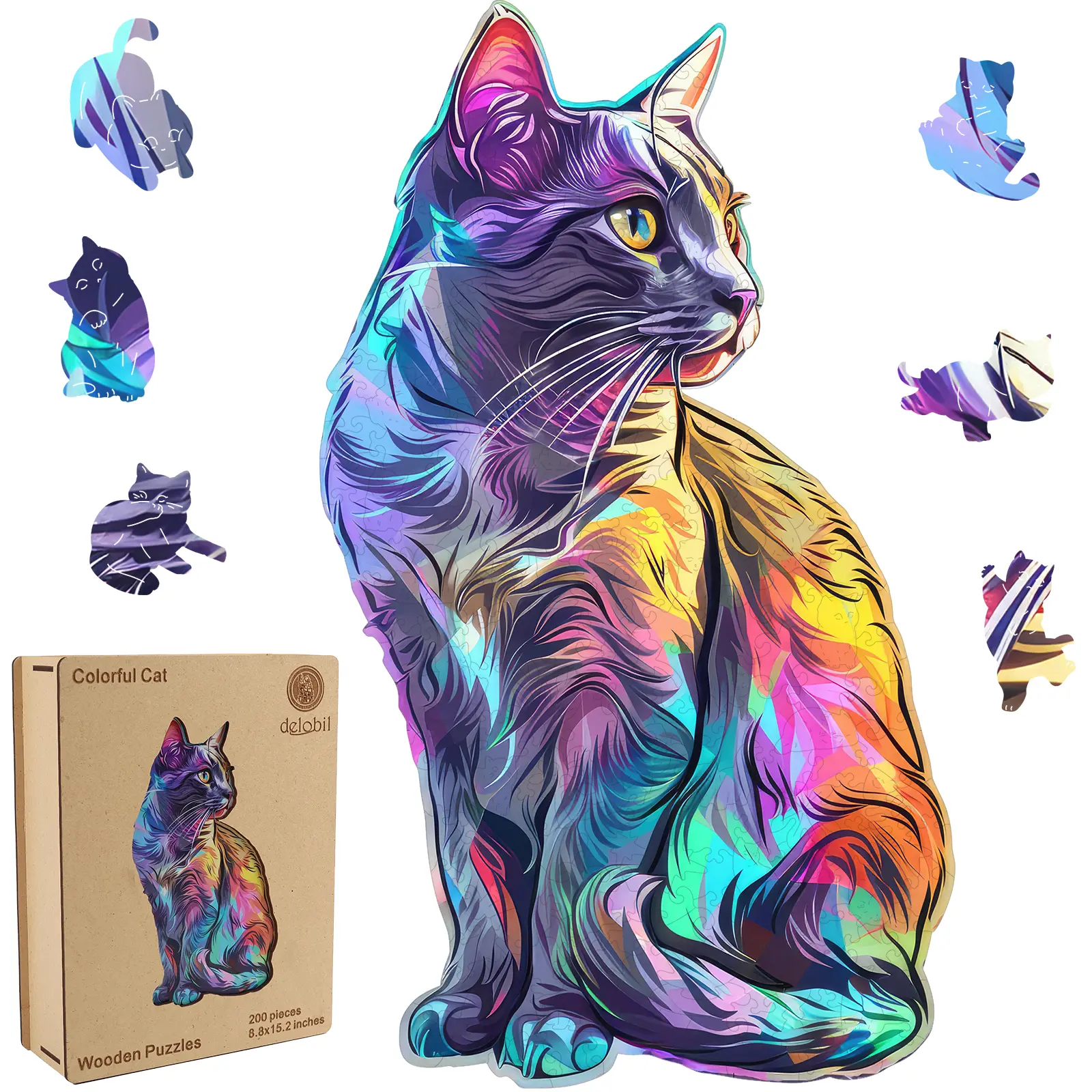 Birthday Gift / Toy/ Kidult Selected Gifts for Father's Day Delobil Premium Thick Puzzles for Adults with Puzzle Saver, Unique Adult Jigsaw Puzzles, Brain Teaser Family Game Gift, Leisure Time Fun Challenge & Stress Relief-Cat-200pcs