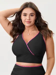 【Summer Turn-Up】【Tummy control】BlOOMCHIC Plus Size Color Contrast Embroidered Swim Top [M-6X] 2026 Summer Pick for Mother's Day