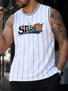 Men's Letter & Striped Print Tank Top, Regular Fit Casual Breathable Gym Sleeveless Top for Summer, Men's Clothes for Training Competition, Athletic Sports Clothing, Athletic Workout Clothing